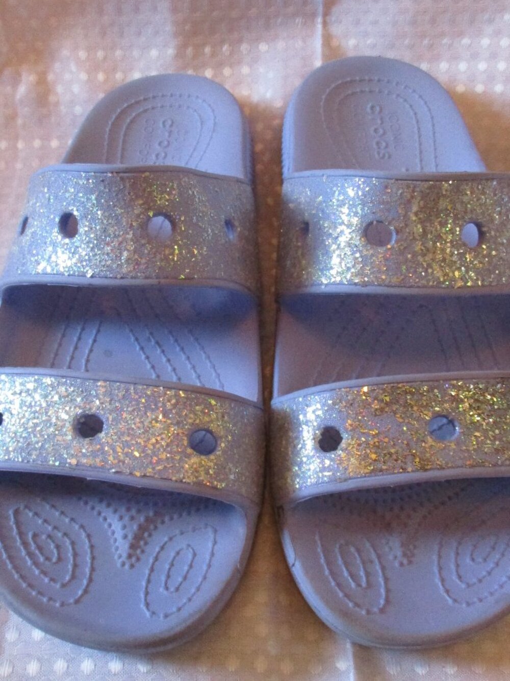 Crocs Classic Purple Glitter Two Straps Slip-On Sandals - Sliders Sz. J5